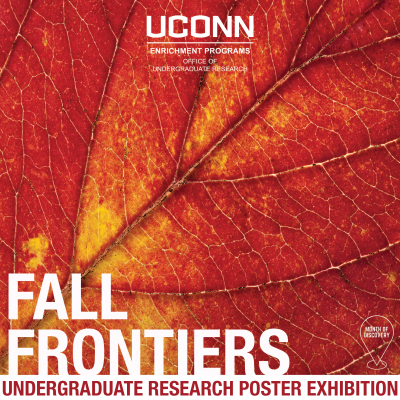 Over a close-up photo of a red and yellow leaf, text reads, "Fall Frontiers Undergraduate Research Poster Exhibition"
